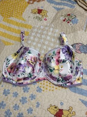 Adore Me White Satin Floral Underwire Bra with Purple and Yellow Blooms